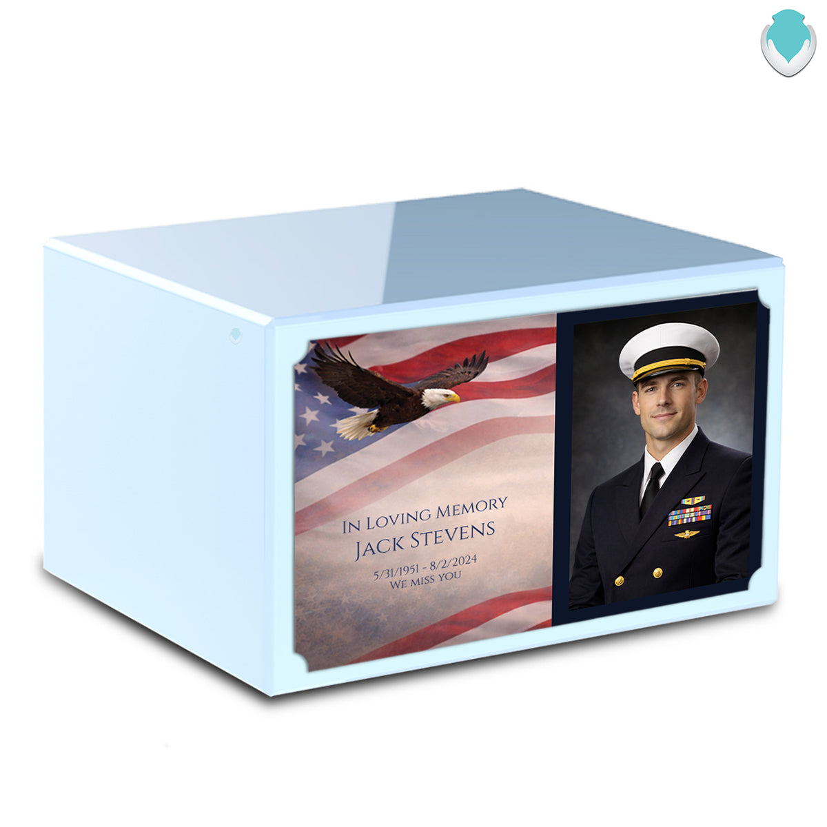 Custom Printed Heritage Light Blue Photo American Glory Wood Box Cremation Urn