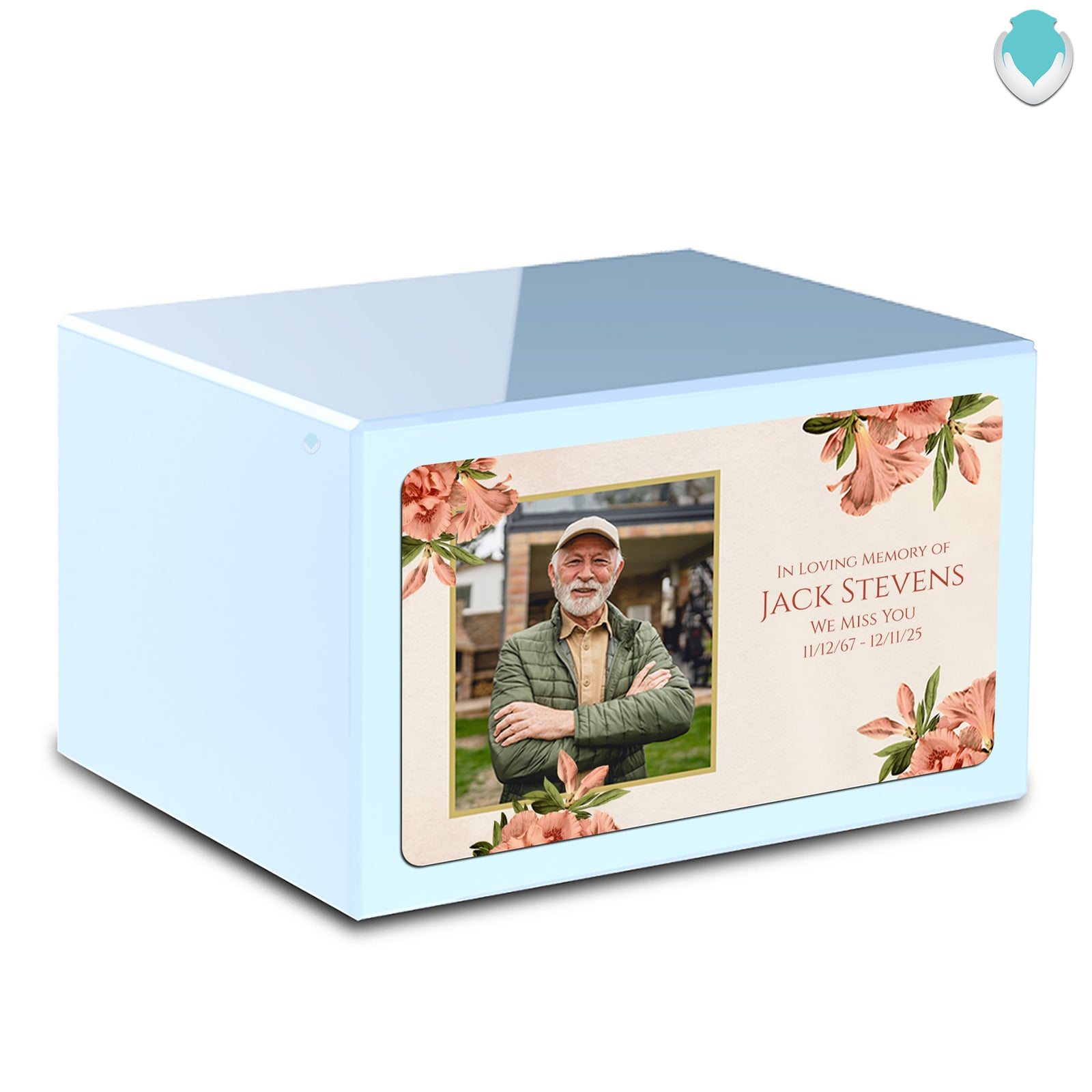 Custom Printed Heritage Light Blue Azalea Flower Wood Box Cremation Urn