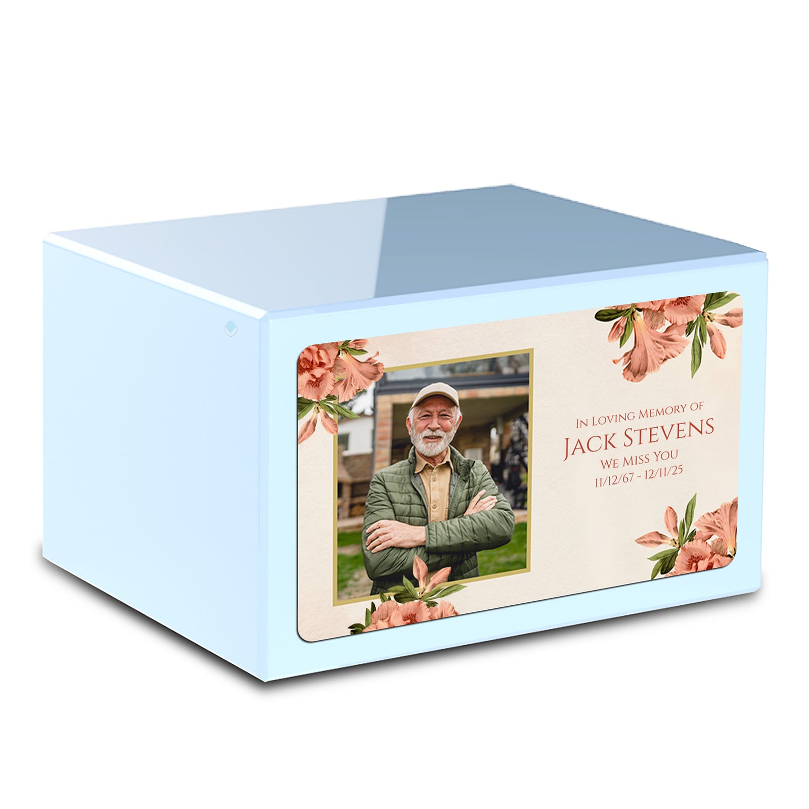 Custom Printed Heritage Light Blue Azalea Flower Wood Box Cremation Urn