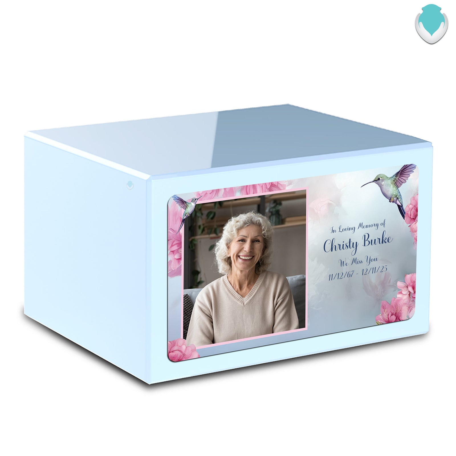 Custom Printed Heritage Light Blue Photo Hummingbird Wood Cremation Urn Box