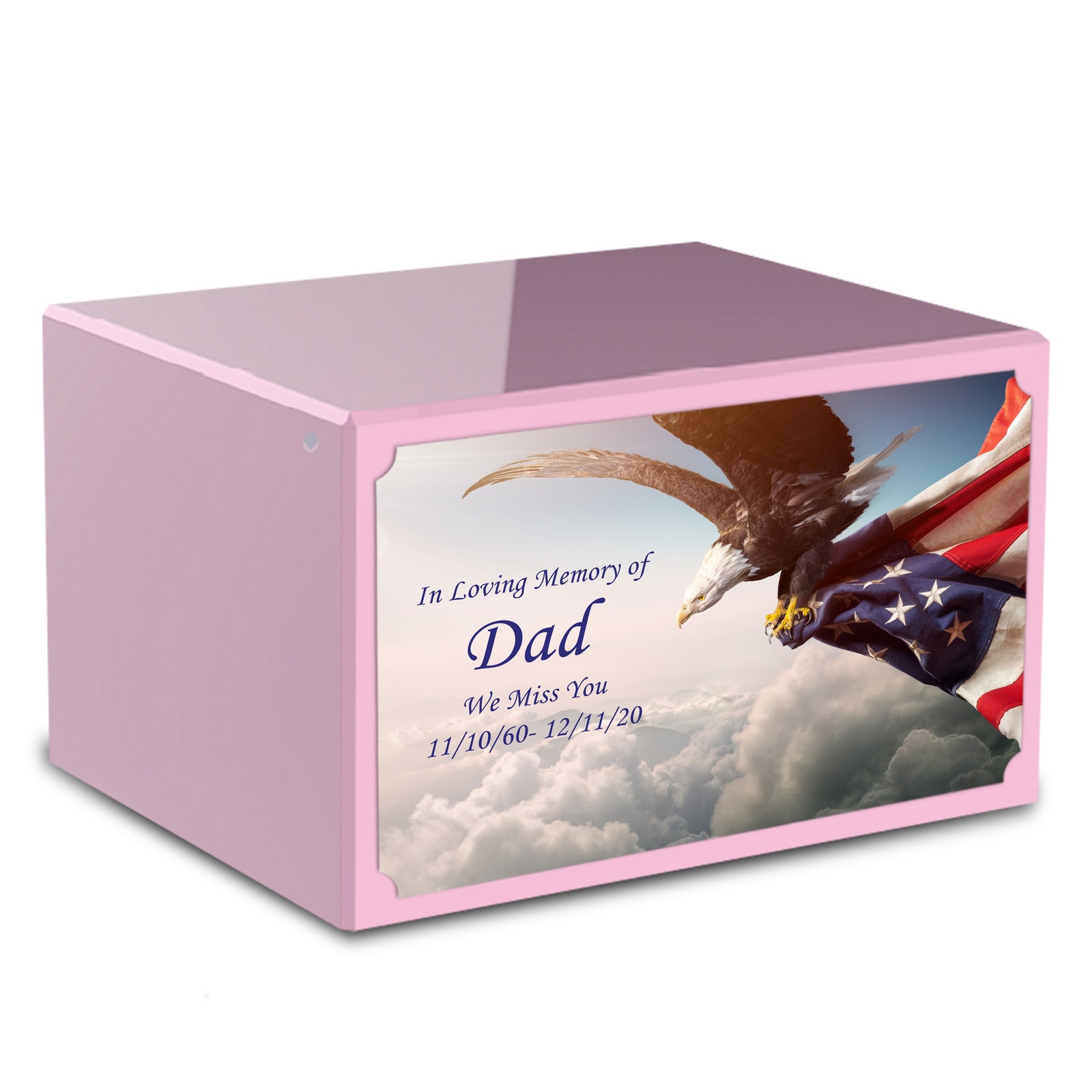 Custom Printed Heritage Light Pink American Eagle Wood Box Cremation Urn