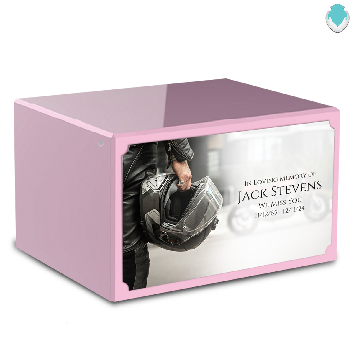 Custom Printed Heritage Light Pink Motorcycle Helmet Wood Cremation Urn Box