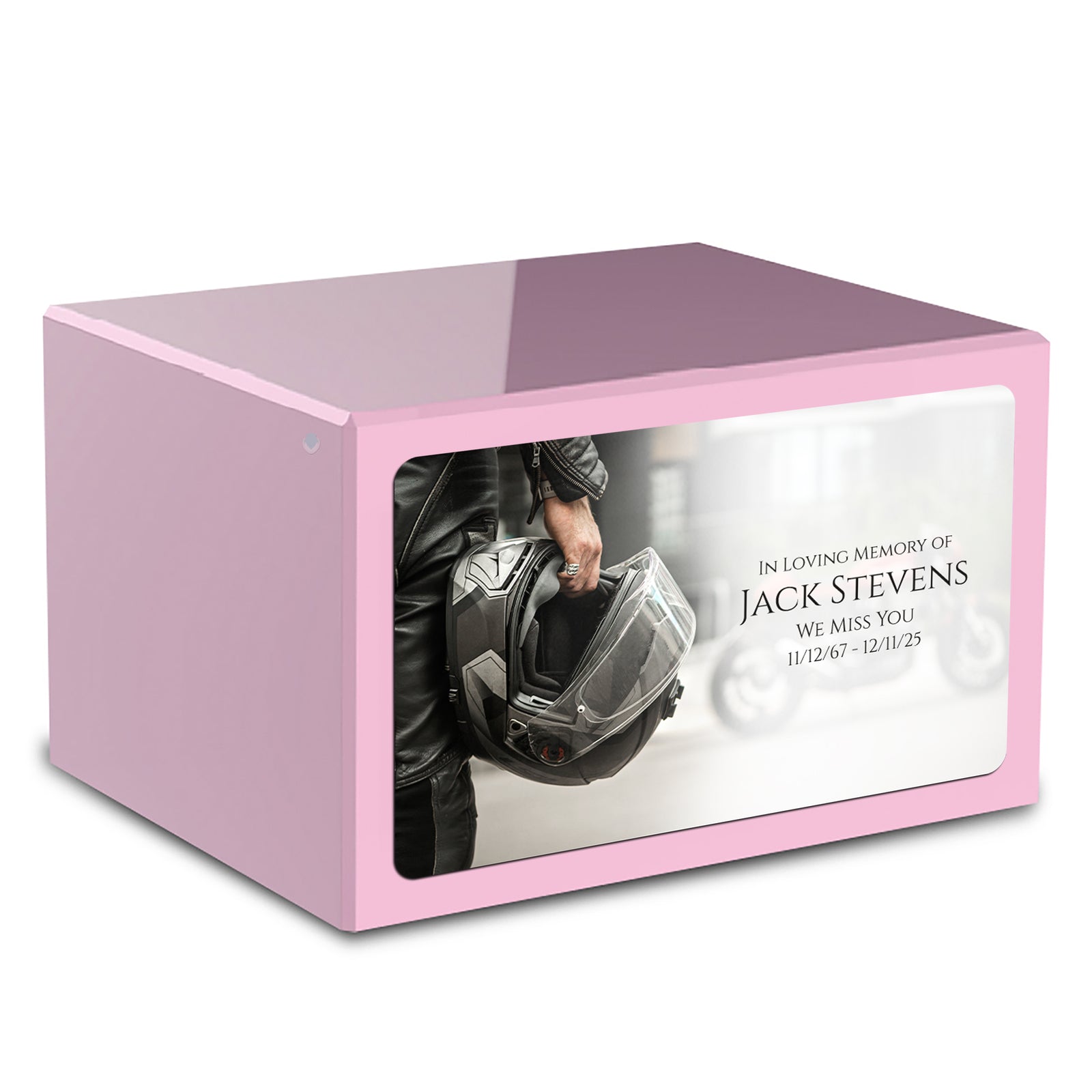 Custom Printed Heritage Light Pink Motorcycle Helmet Wood Cremation Urn Box