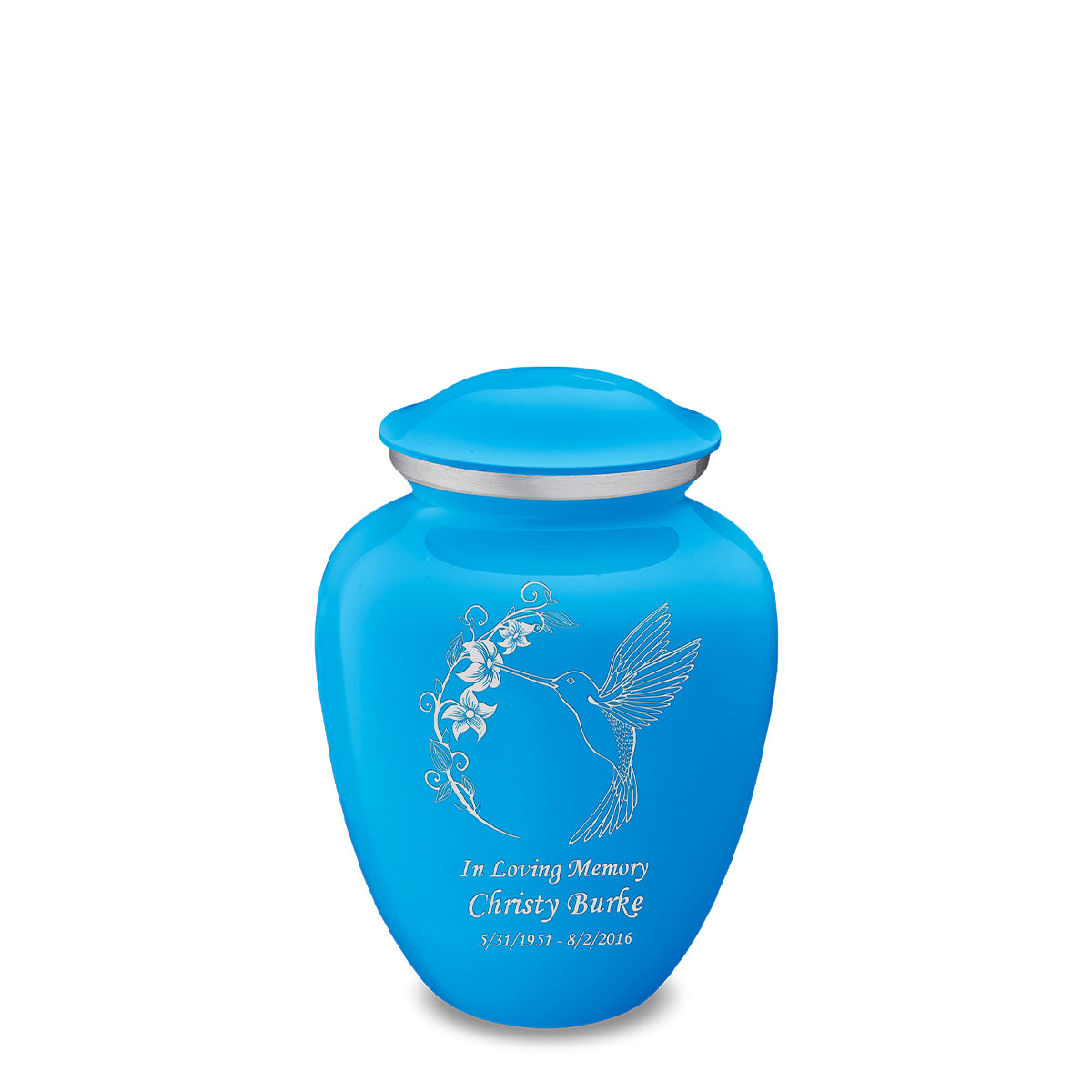 Medium Embrace Racing Blue Hummingbird Cremation Urn