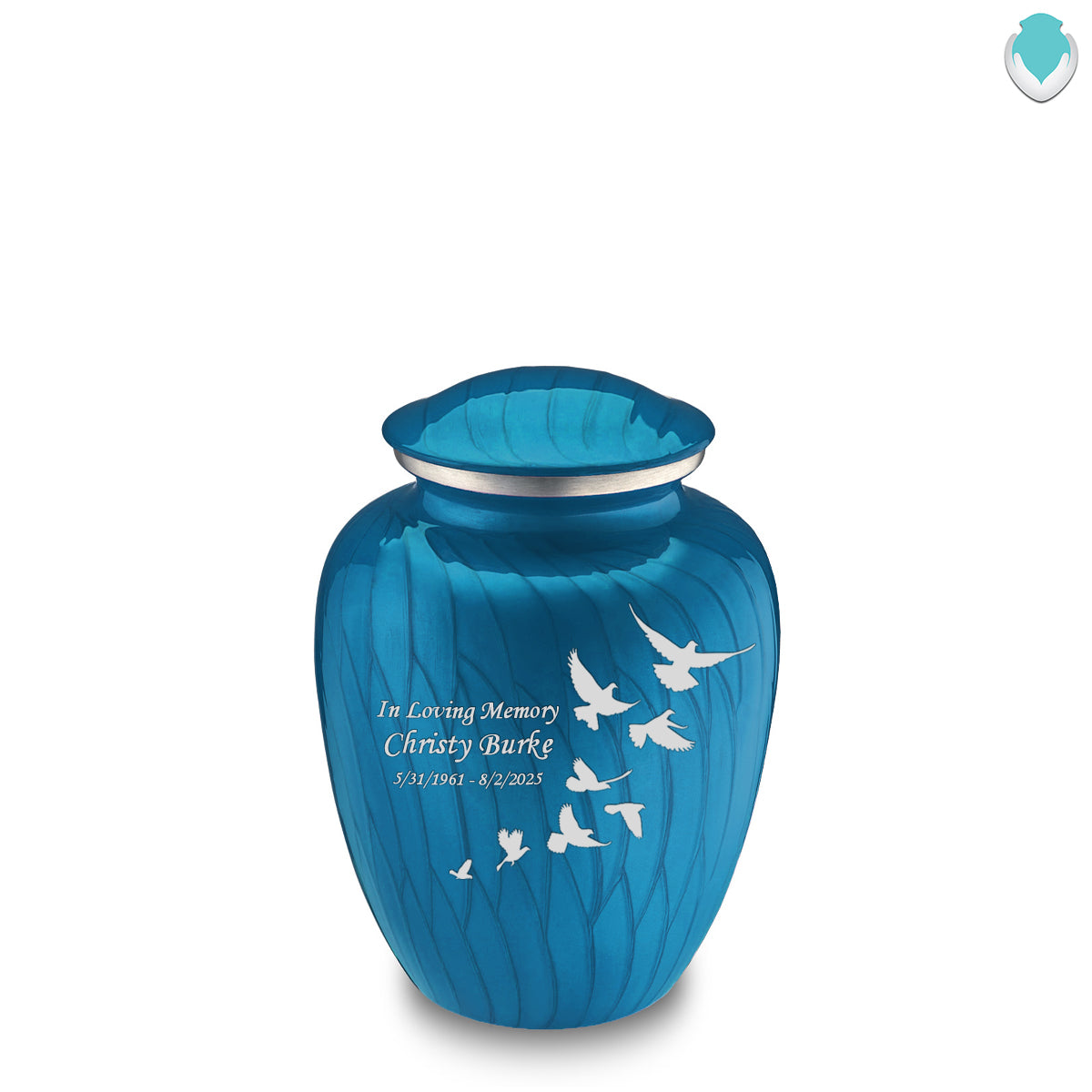 Medium Embrace Pearl Racing Blue Doves Cremation Urn