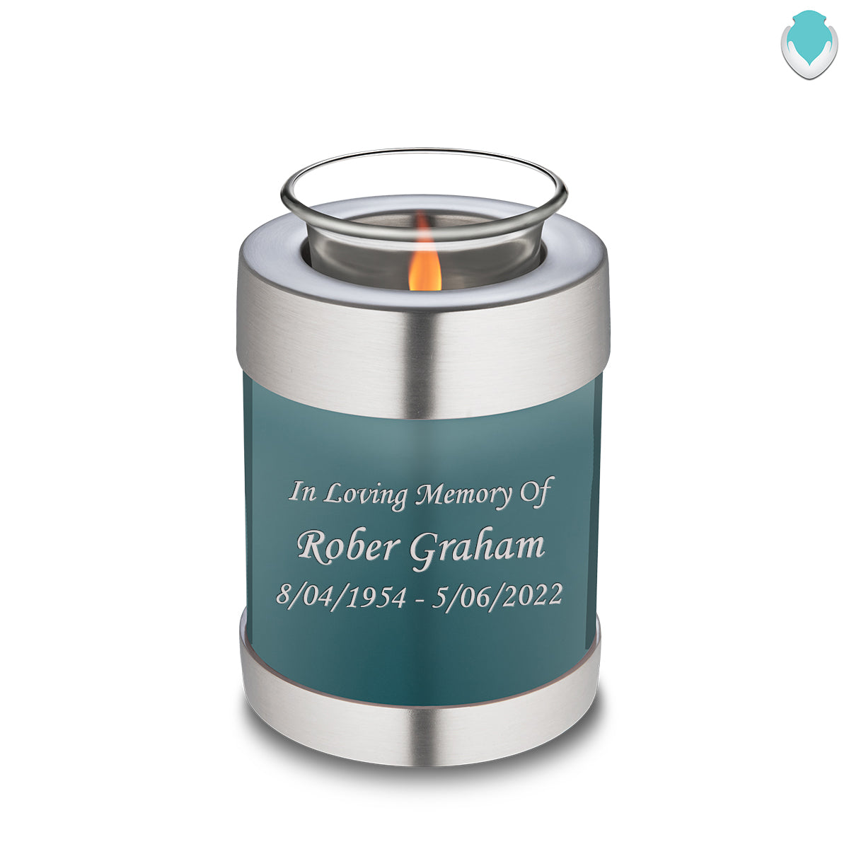 Candle Holder Embrace Teal Custom Engraved Text Cremation Urn