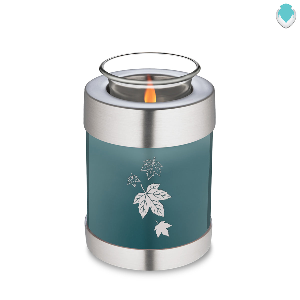 Candle Holder Embrace Teal Falling Leaves Cremation Urn