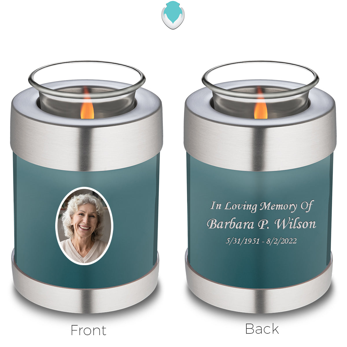 Candle Holder Embrace Teal Portrait Cremation Urn