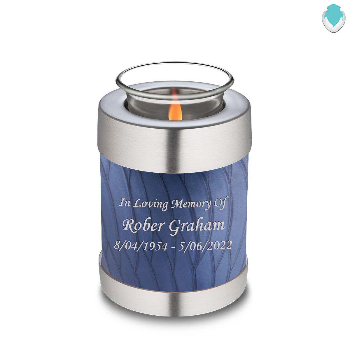 Candle Holder Embrace Pearl Cobalt Blue Custom Engraved Text Cremation Urn