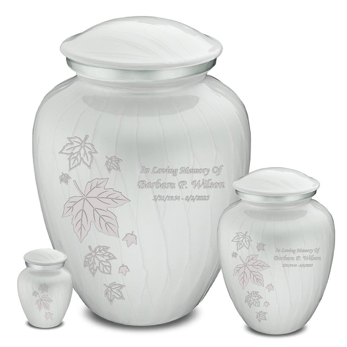 Medium Embrace Pearl White Falling Leaves Cremation Urn