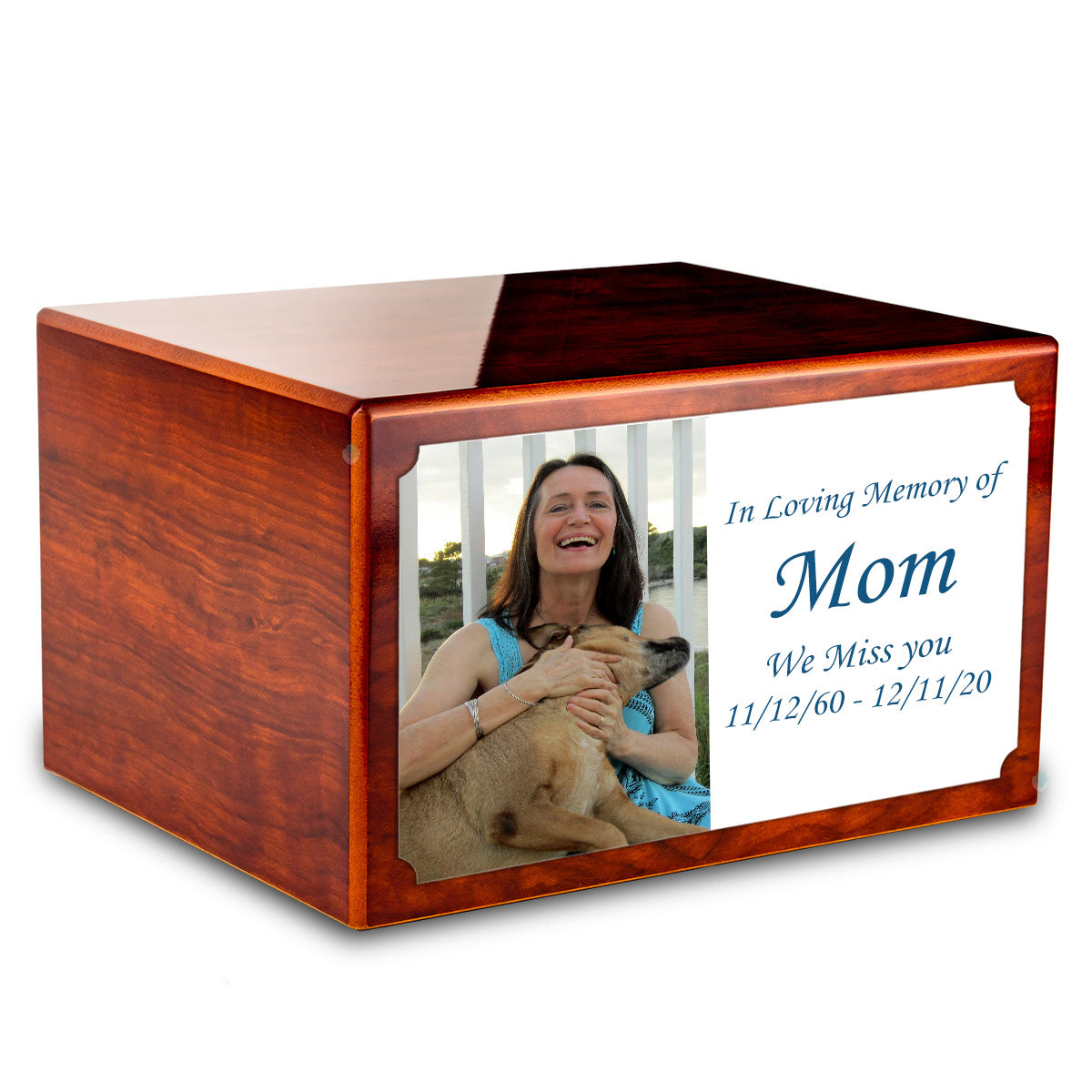 Custom Printed Heritage Rosewood Photo Wood Box Cremation Urn