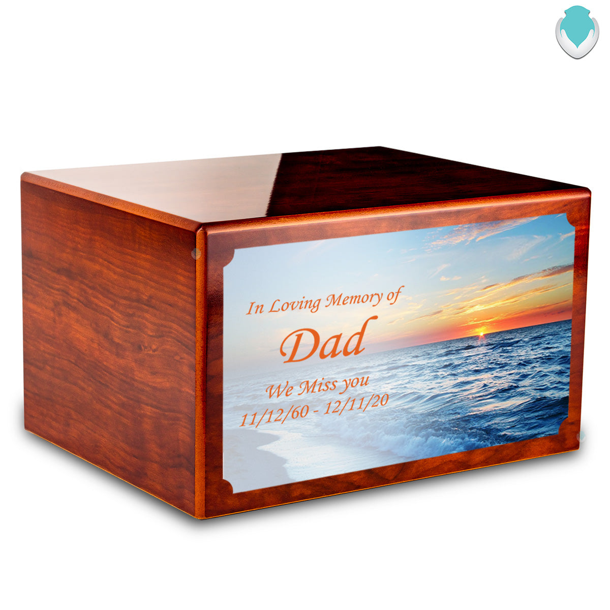 Custom Printed Heritage Rosewood Ocean Sunset Wood Box Cremation Urn