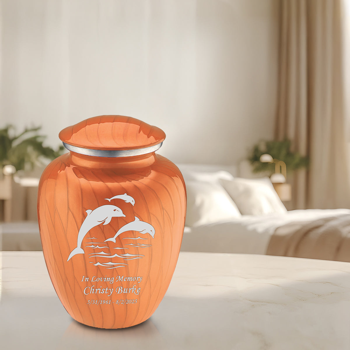 Adult Embrace Pearl Orange Dolphin Cremation Urn
