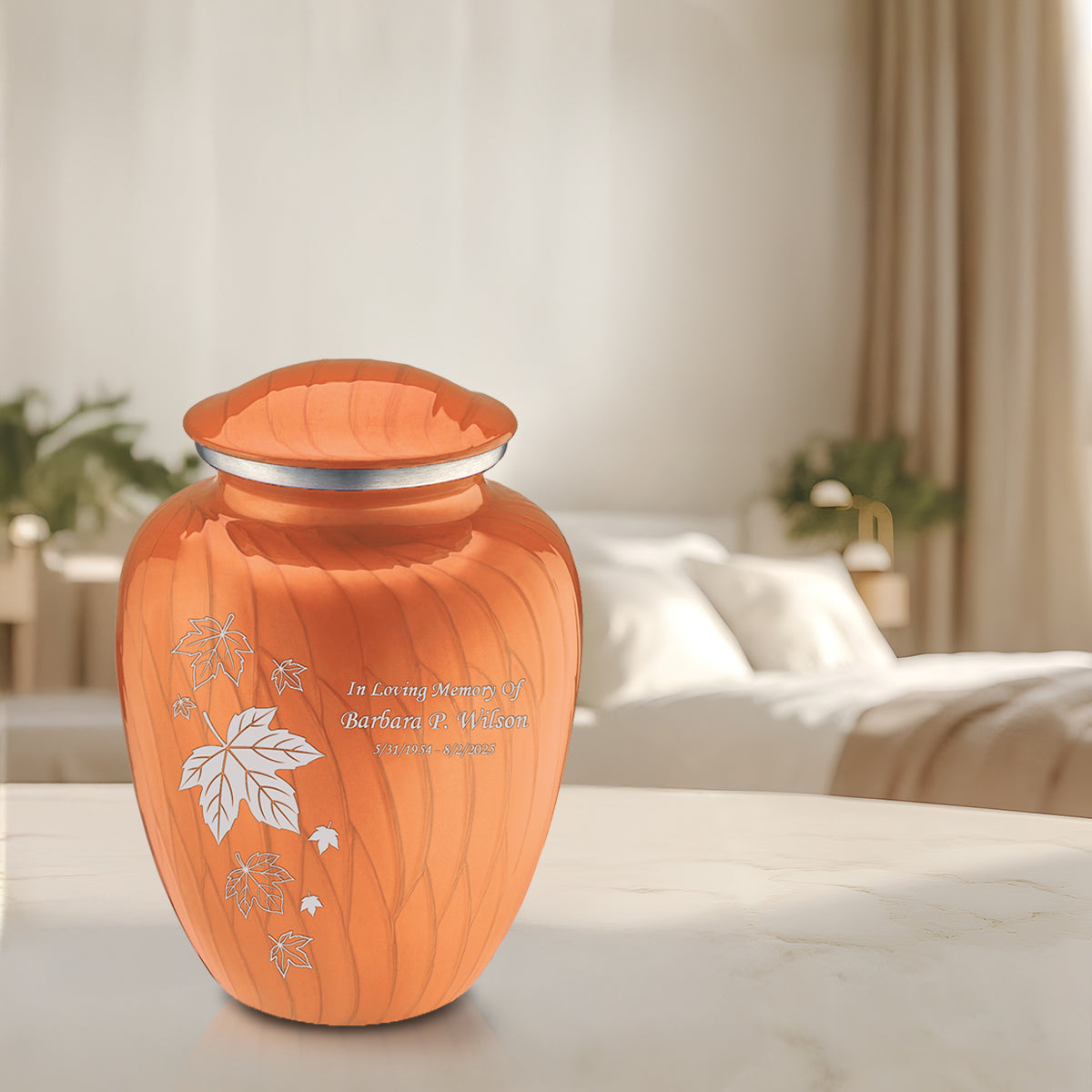 Adult Embrace Pearl Orange Falling Leaves Cremation Urn