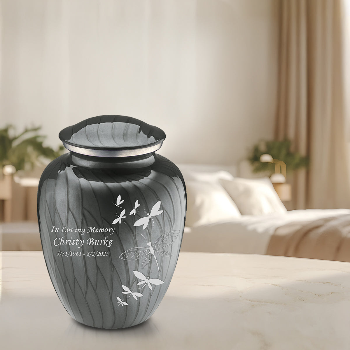 Adult Embrace Pearl Silver Dragonflies Cremation Urn