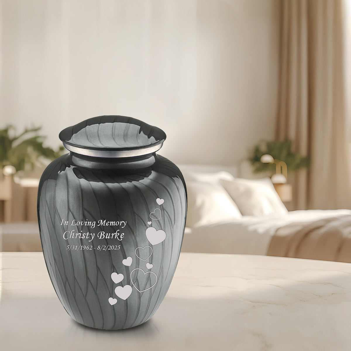 Medium Embrace Pearl Silver Floating Heart Cremation Urn