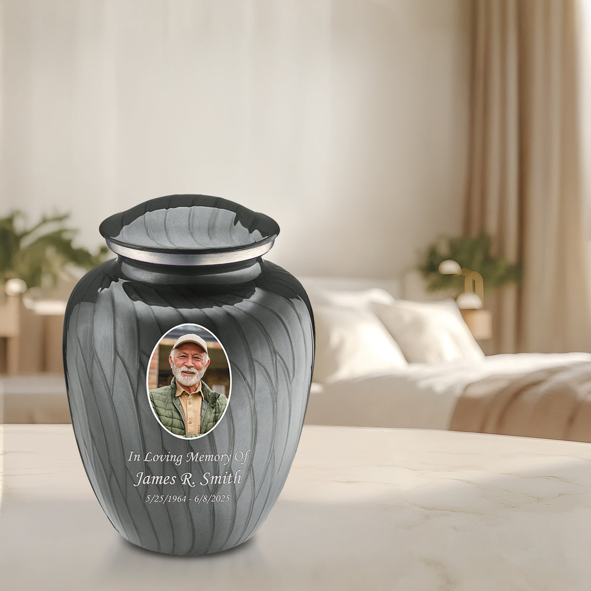 Adult Embrace Pearl Silver Portrait Cremation Urn