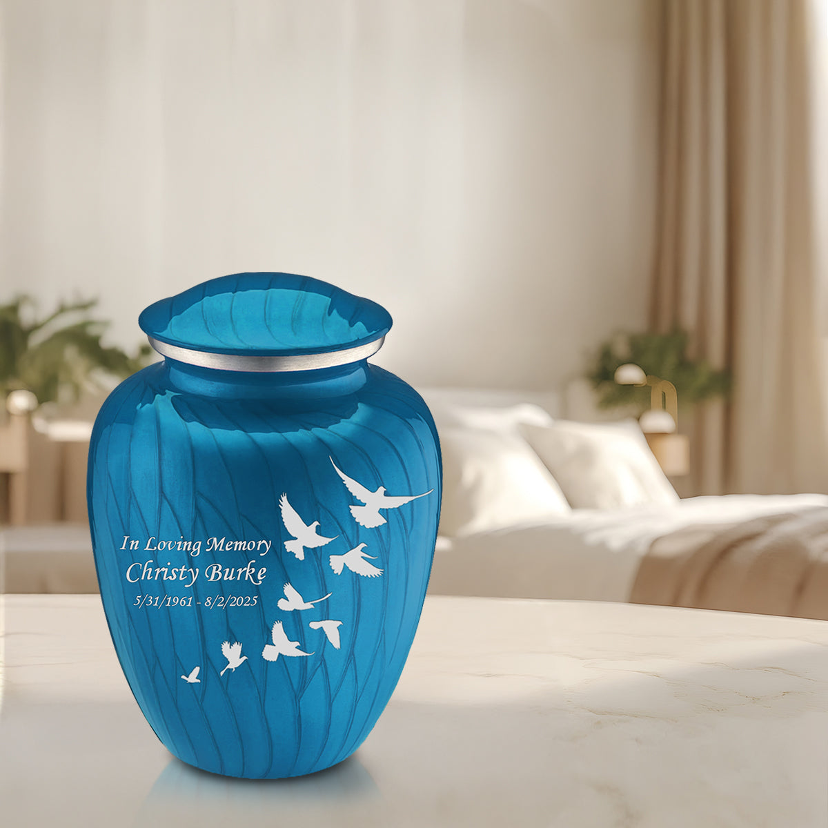 Adult Embrace Pearl Racing Blue Doves Cremation Urn