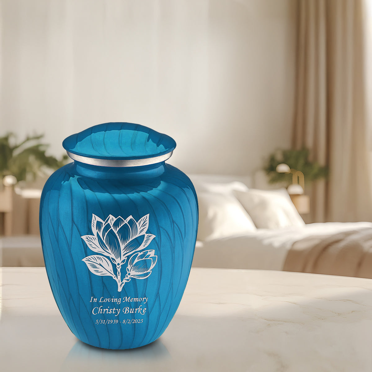Adult Embrace Pearl Racing Blue Magnolia Flower Cremation Urn