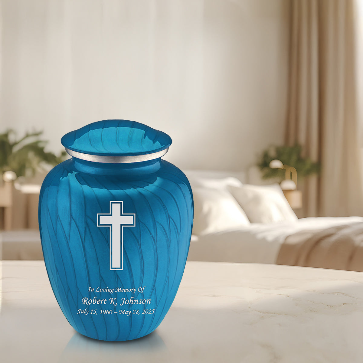 Adult Embrace Pearl Racing Blue Simple Cross Cremation Urn