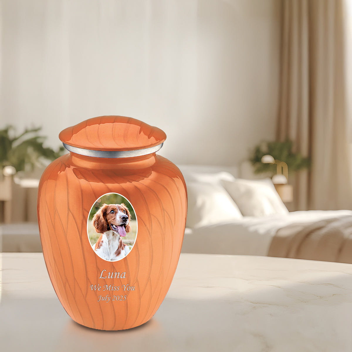 Adult Pet Embrace Pearl Orange Portrait Cremation Urn