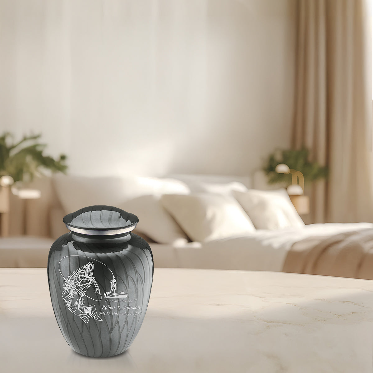 Medium Embrace Pearl Silver Fishing Cremation Urn