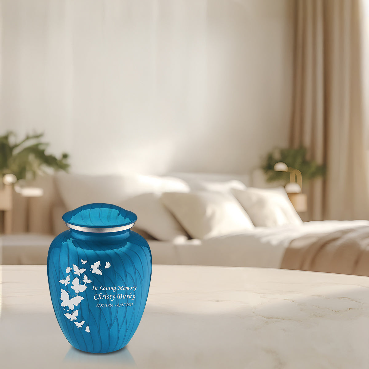 Medium Embrace Pearl Racing Blue Butterfly Cremation Urn