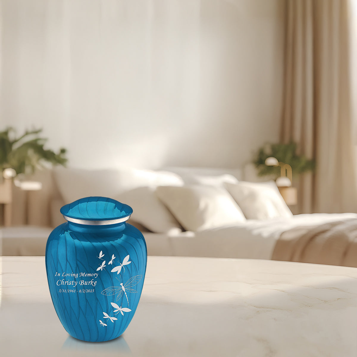 Medium Embrace Pearl Racing Blue Dragonflies Cremation Urn