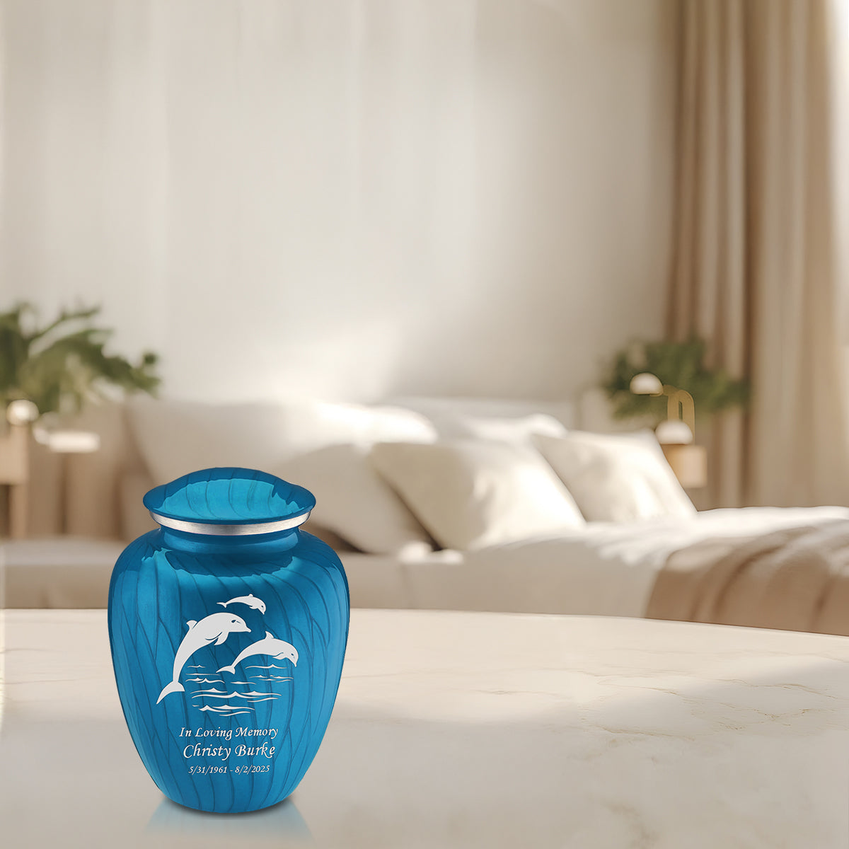 Medium Embrace Pearl Racing Blue Dolphins Cremation Urn