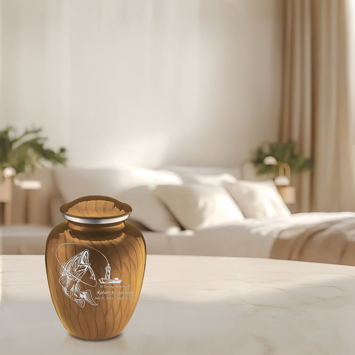 Medium Embrace Pearl Gold Fishing Cremation Urn