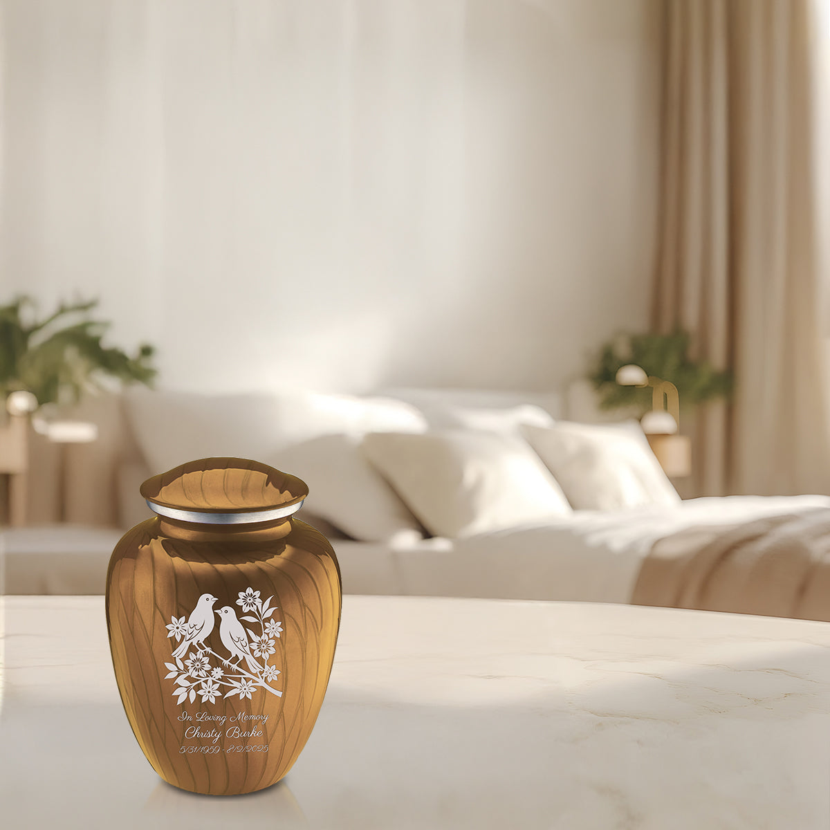 Medium Embrace Pearl Gold Songbirds Cremation Urn