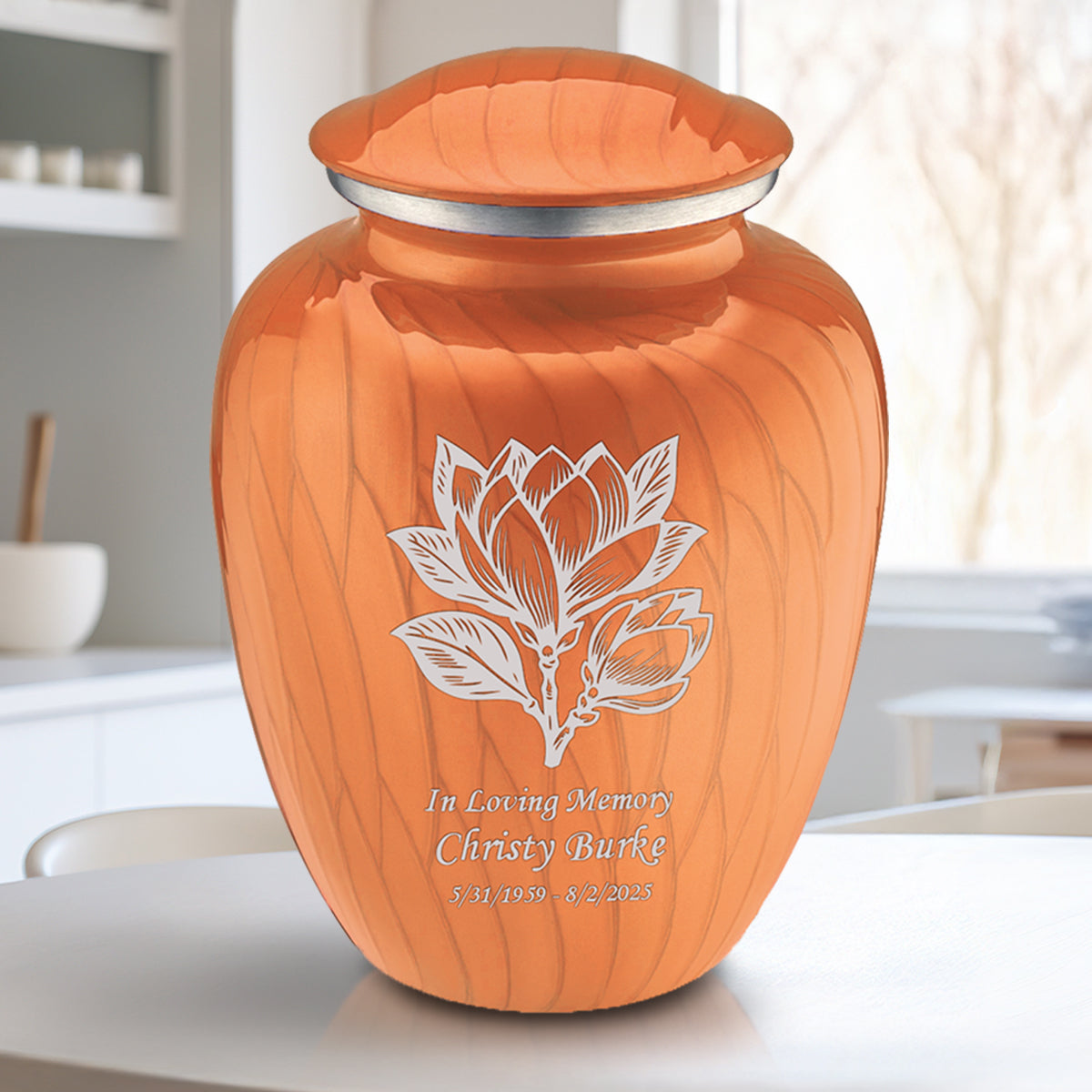 Adult Embrace Pearl Orange Magnolia Flower Cremation Urn