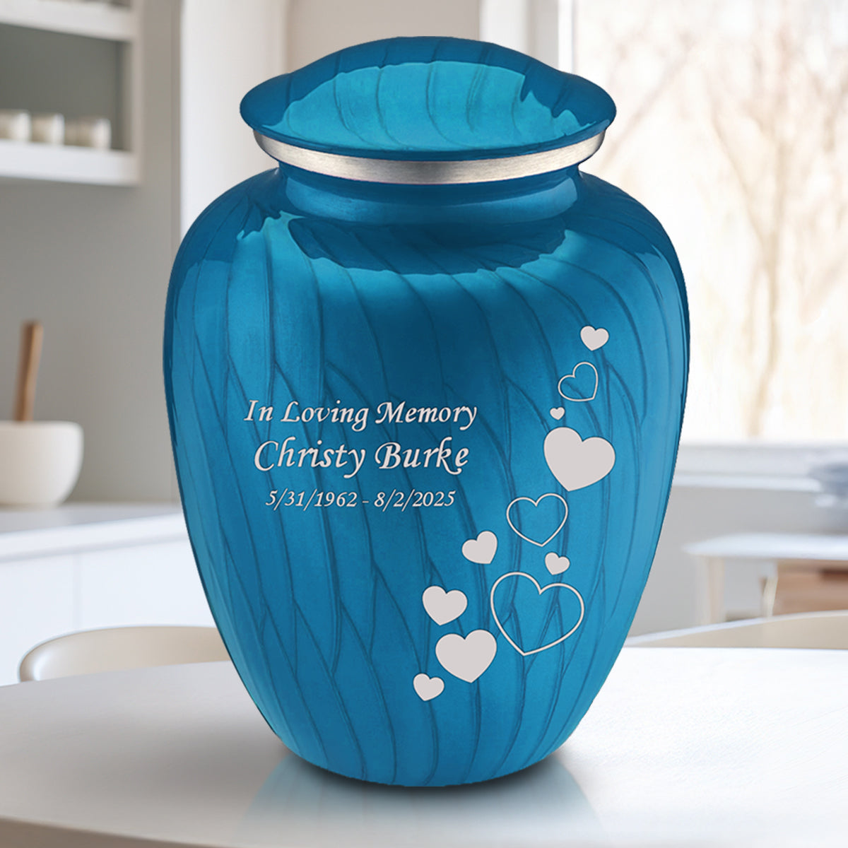 Adult Embrace Pearl Racing Blue Floating Heart Cremation Urn
