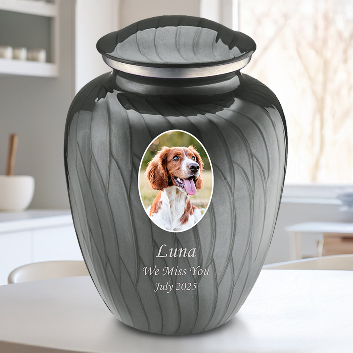 Adult Pet Embrace Pearl Silver Portrait Cremation Urn