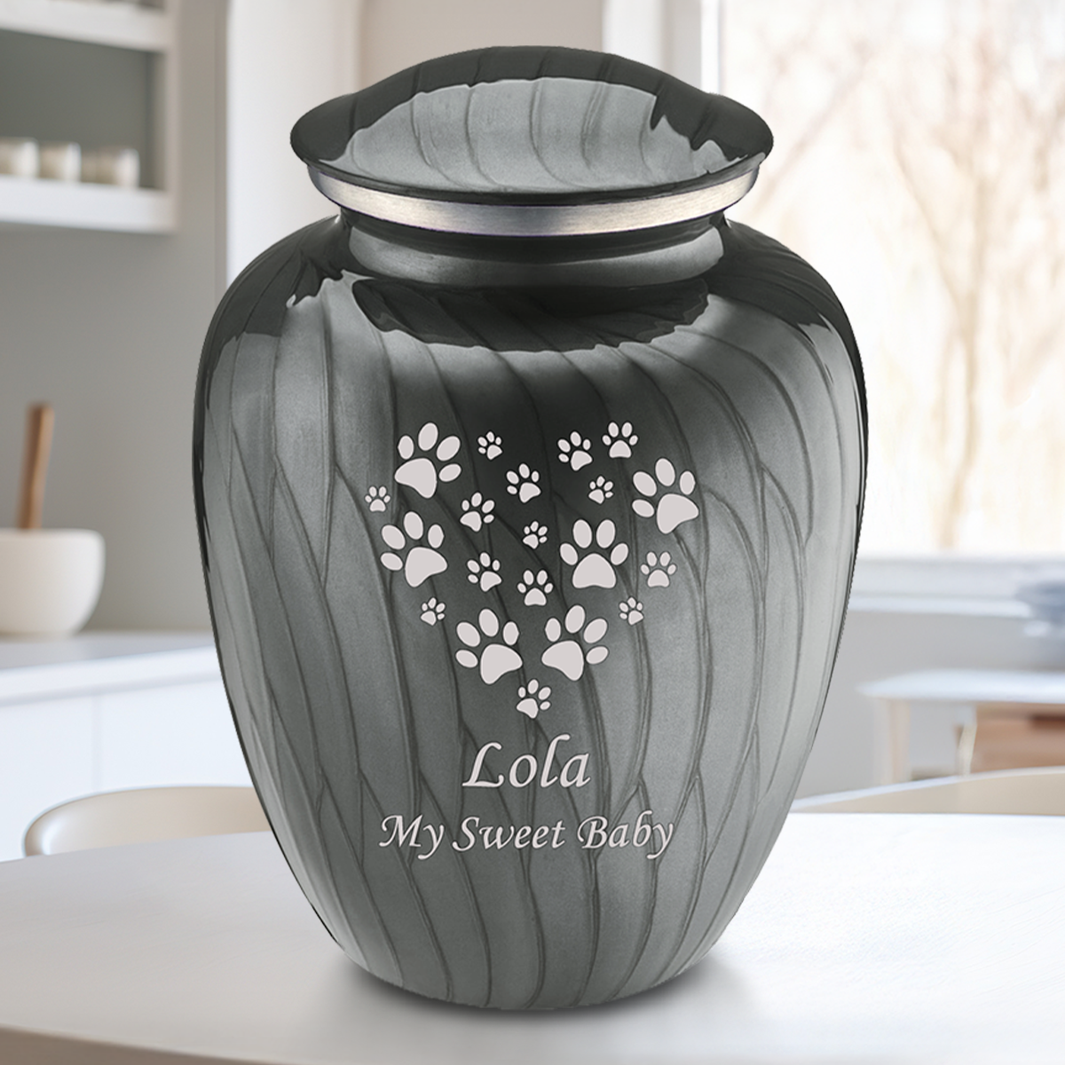 Large Embrace Pearl Silver Heart Paws Pet Cremation Urn