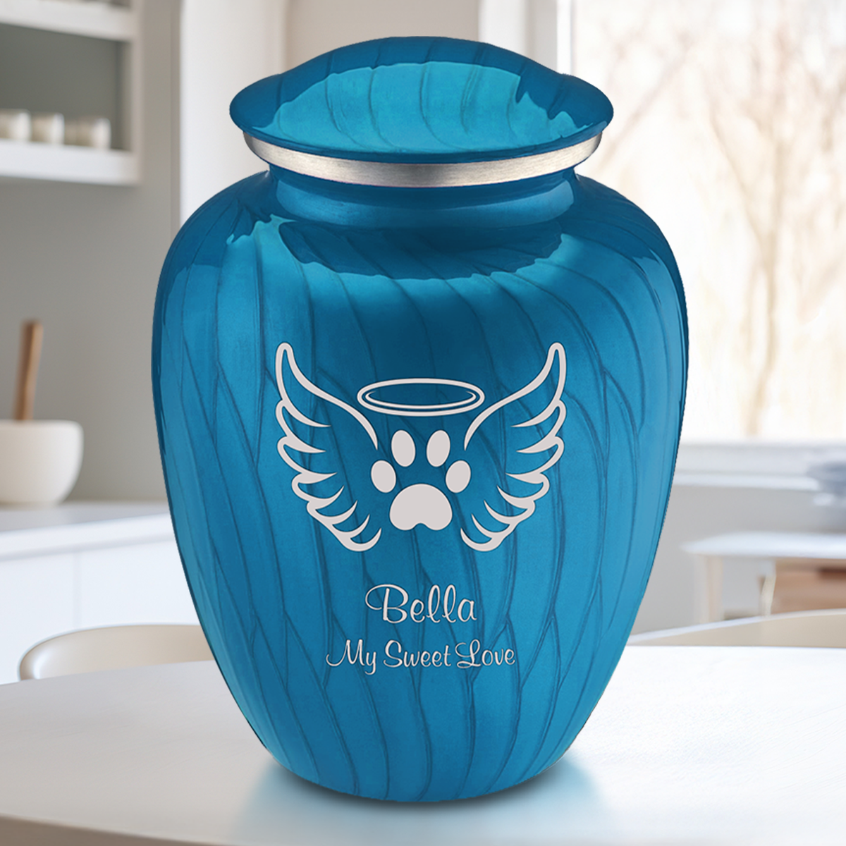 Large Embrace Pearl Racing Blue Pet Angel Wings Cremation Urn