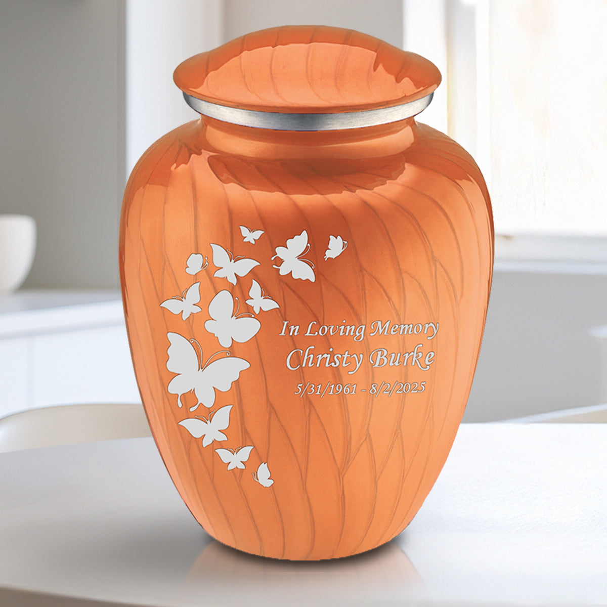 Medium Embrace Pearl Orange Butterfly Cremation Urn