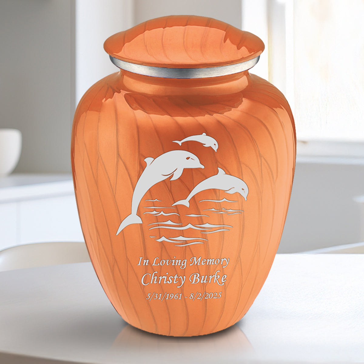 Medium Embrace Pearl Orange Dolphins Cremation Urn