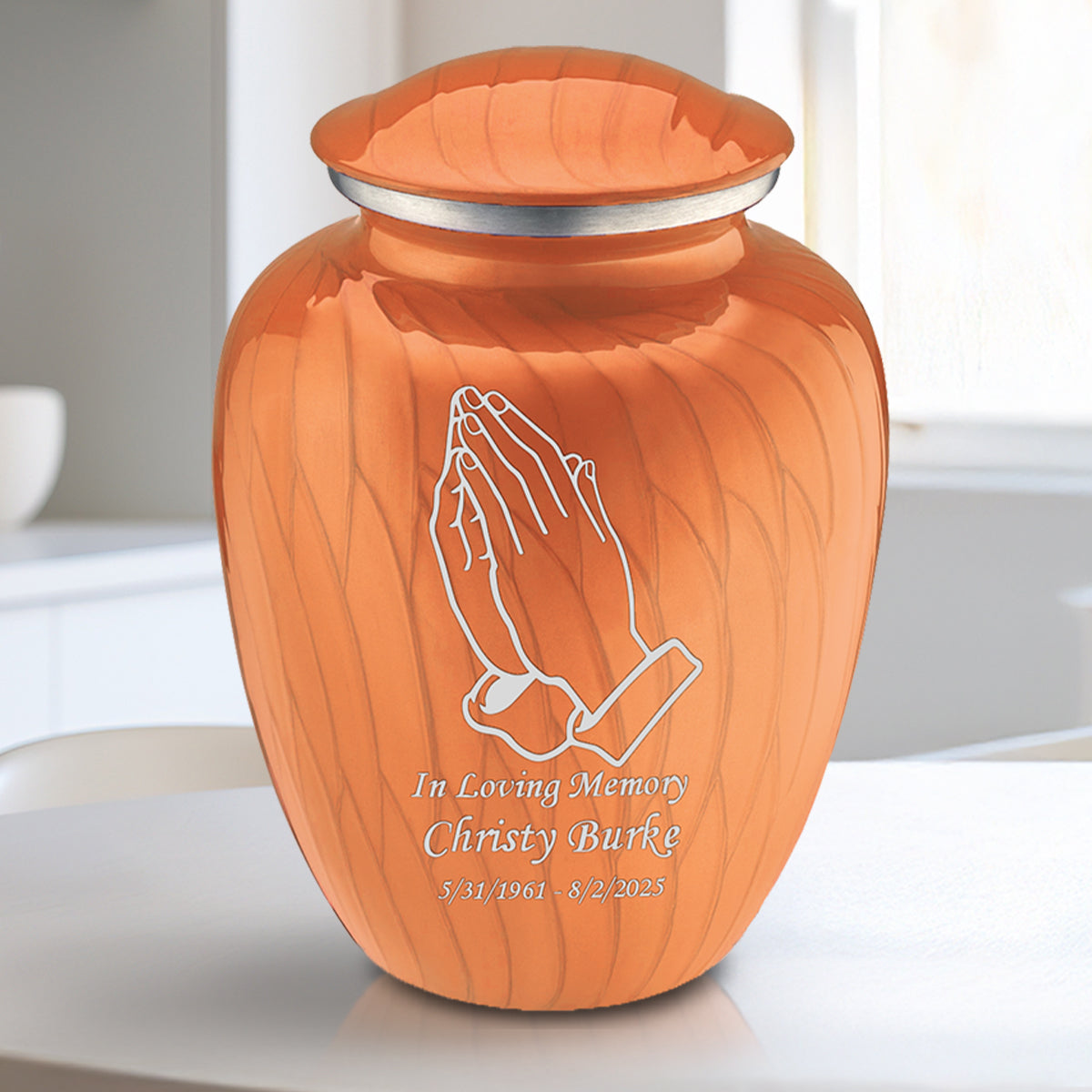 Medium Embrace Pearl Orange Praying Hands Cremation Urn