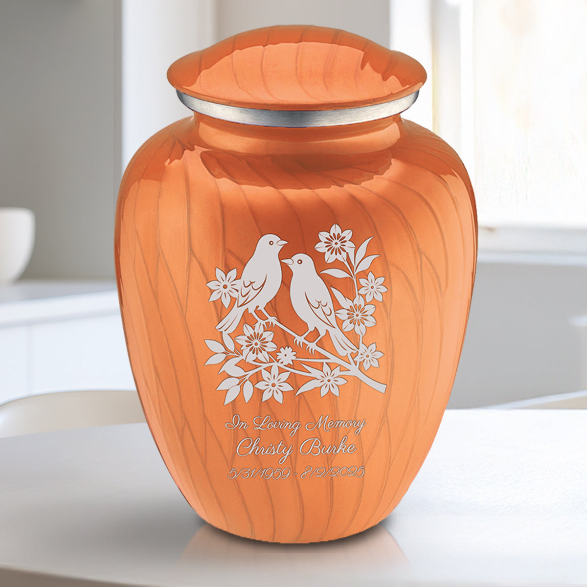 Medium Embrace Pearl Orange Songbirds Cremation Urn
