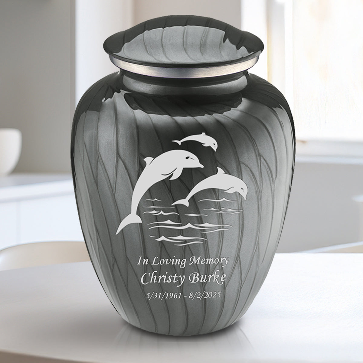 Medium Embrace Pearl Silver Dolphins Cremation Urn