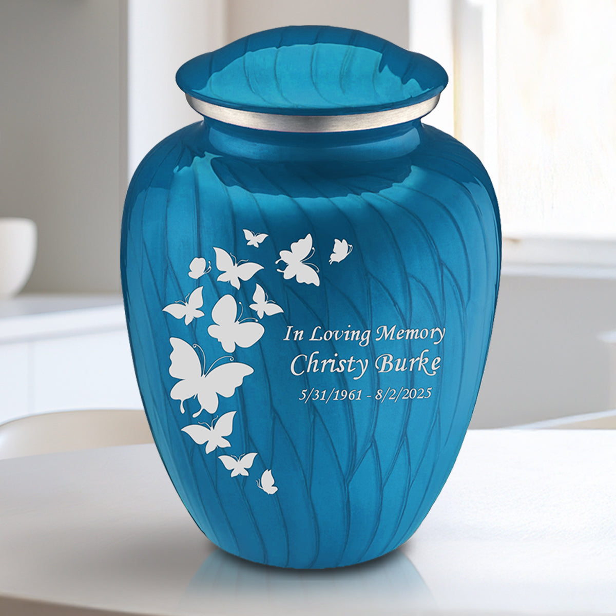 Medium Embrace Pearl Racing Blue Butterfly Cremation Urn