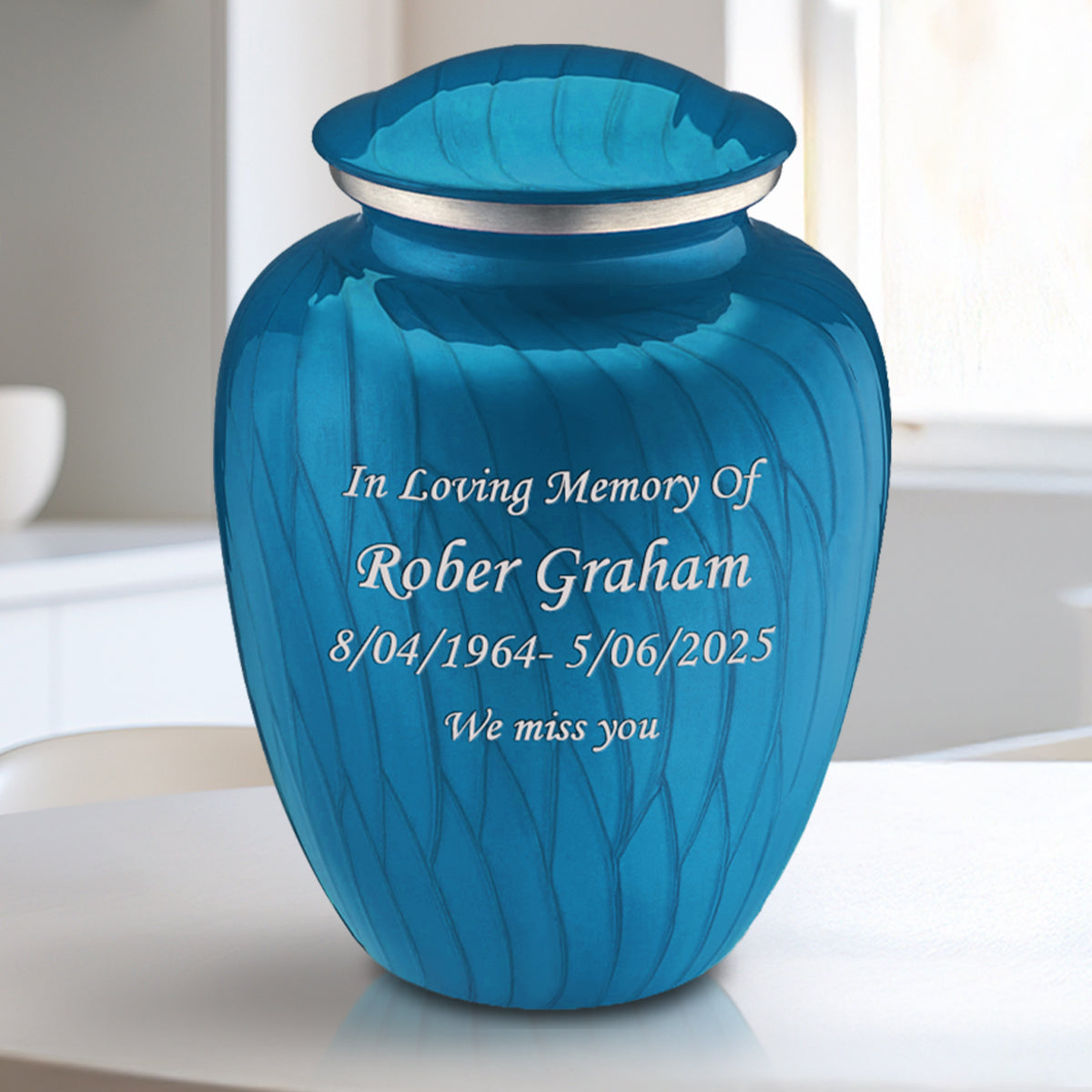 Medium Embrace Pearl Racing Blue Custom Engraved Cremation Urn