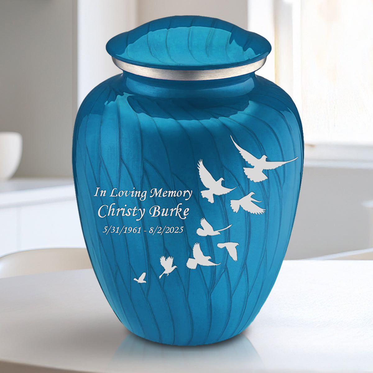 Medium Embrace Pearl Racing Blue Doves Cremation Urn