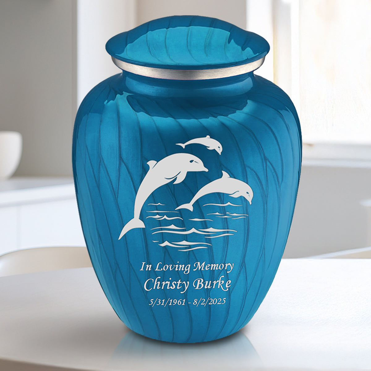 Medium Embrace Pearl Racing Blue Dolphins Cremation Urn