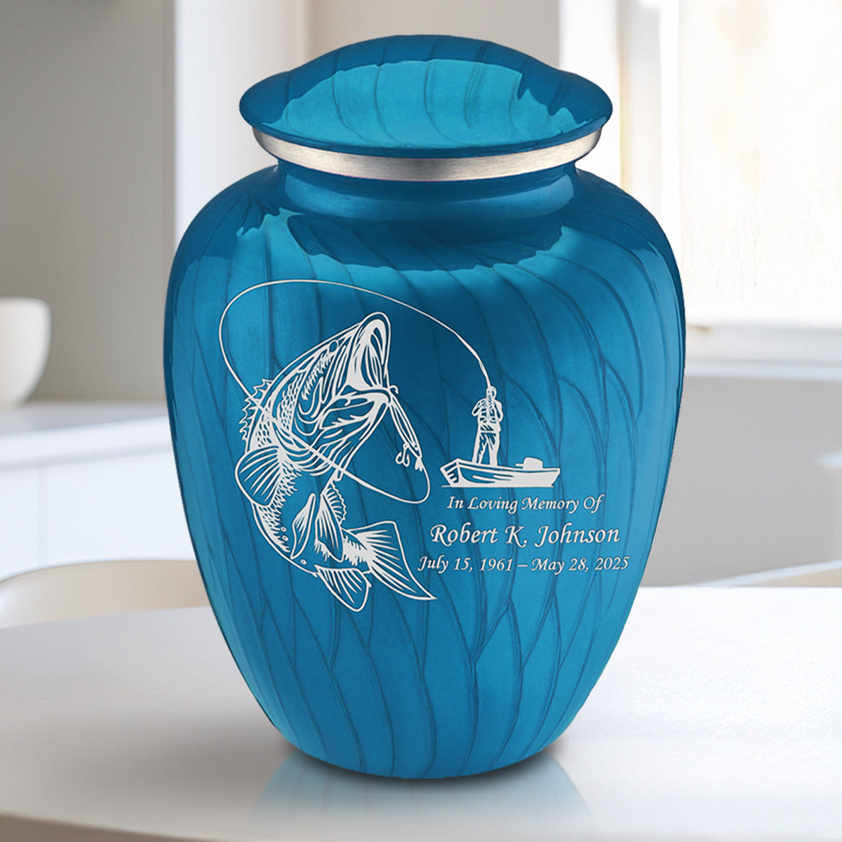Medium Embrace Pearl Racing Blue Fishing Cremation Urn