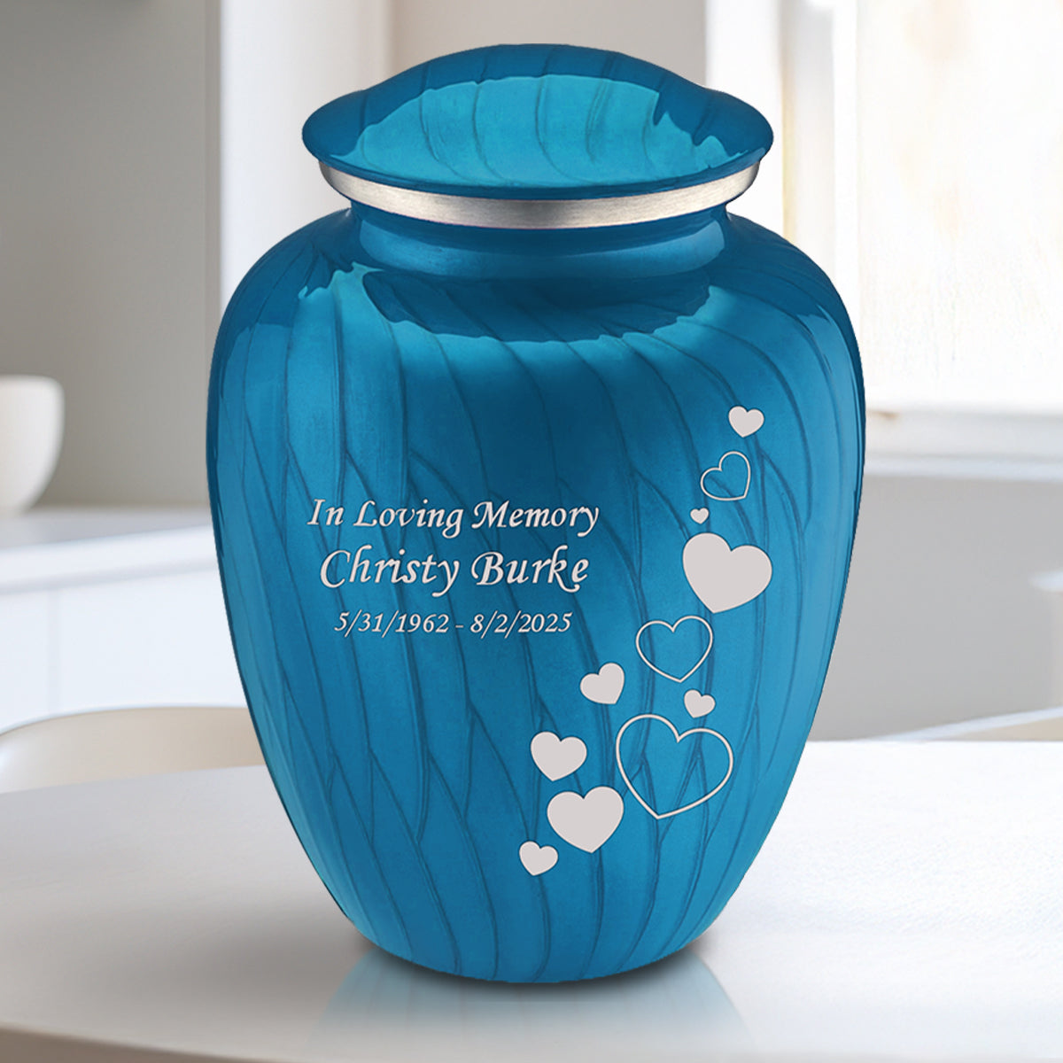 Medium Embrace Pearl Racing Blue Floating Heart Cremation Urn