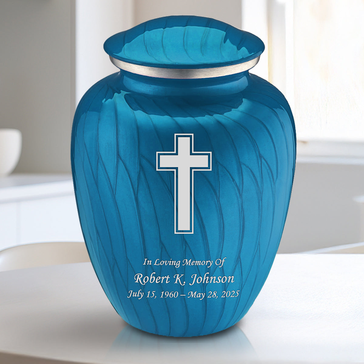 Medium Embrace Pearl Racing Blue Simple Cross Cremation Urn