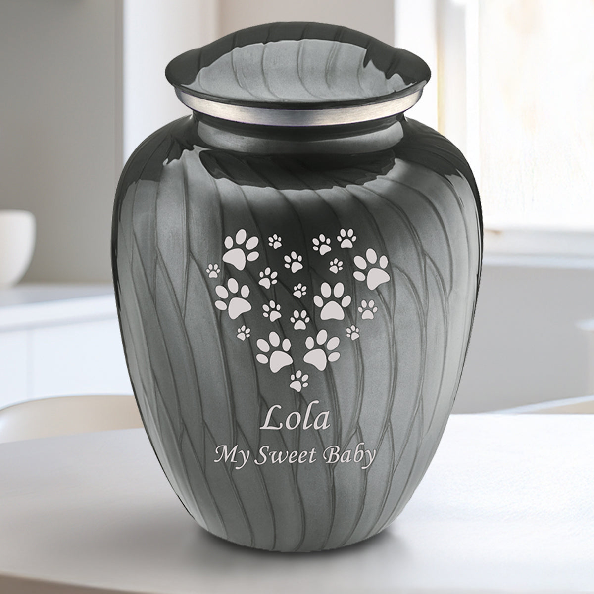 Medium Embrace Pearl Silver Heart Paws Pet Cremation Urn
