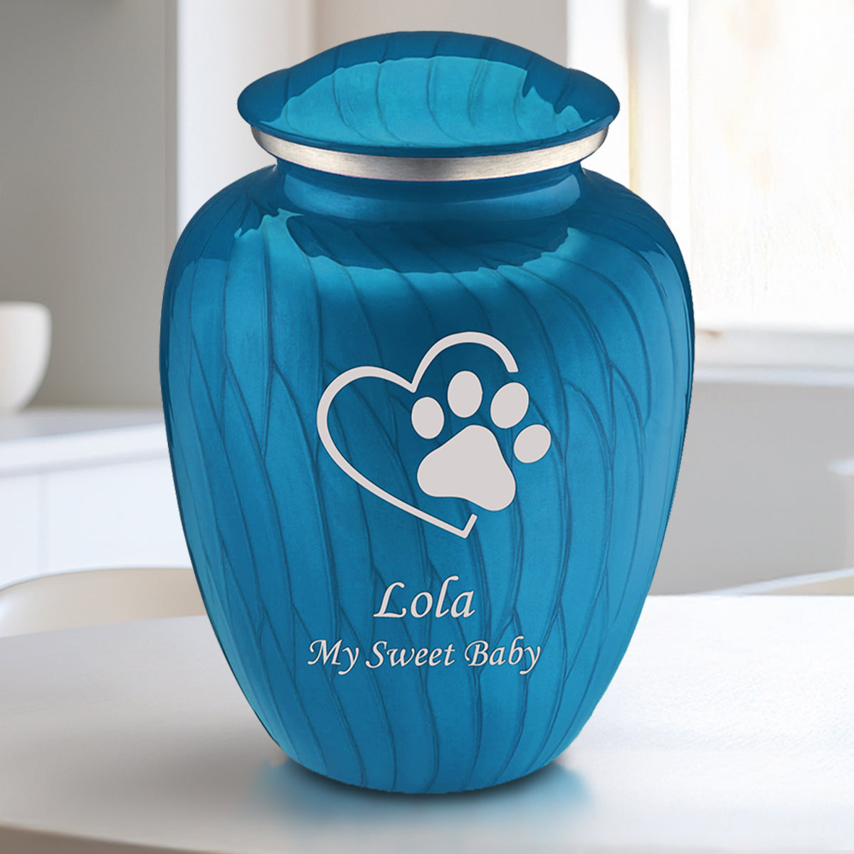 Medium Embrace Pearl Racing blue Single Paw Heart Pet Cremation Urn